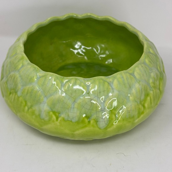 Moreno Ceramics Vintage Green Cracked Glaze Low Bowl Planter Dish USA MCM Retro - Picture 8 of 10